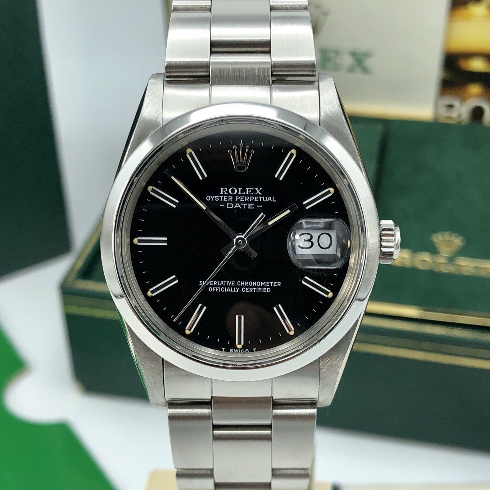 Vintage Rolex Date 15000 Black Dial Box and Papers 1985 Full set NOS