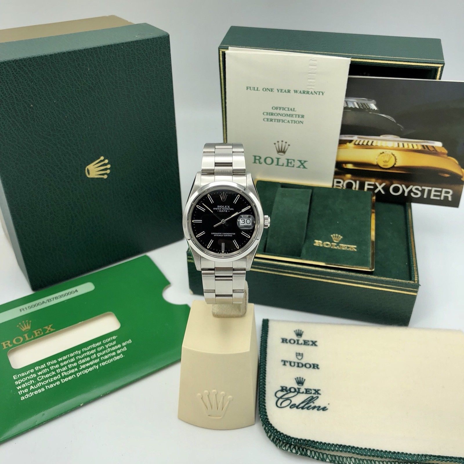 Vintage Rolex Date 15000 Black Dial Box and Papers 1985 Full set NOS