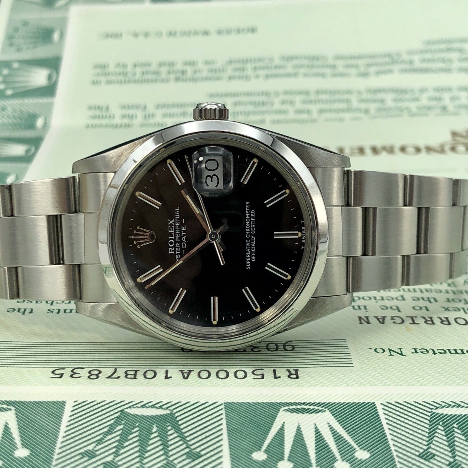 Vintage Rolex Date 15000 Black Dial Box and Papers 1985 Full set NOS