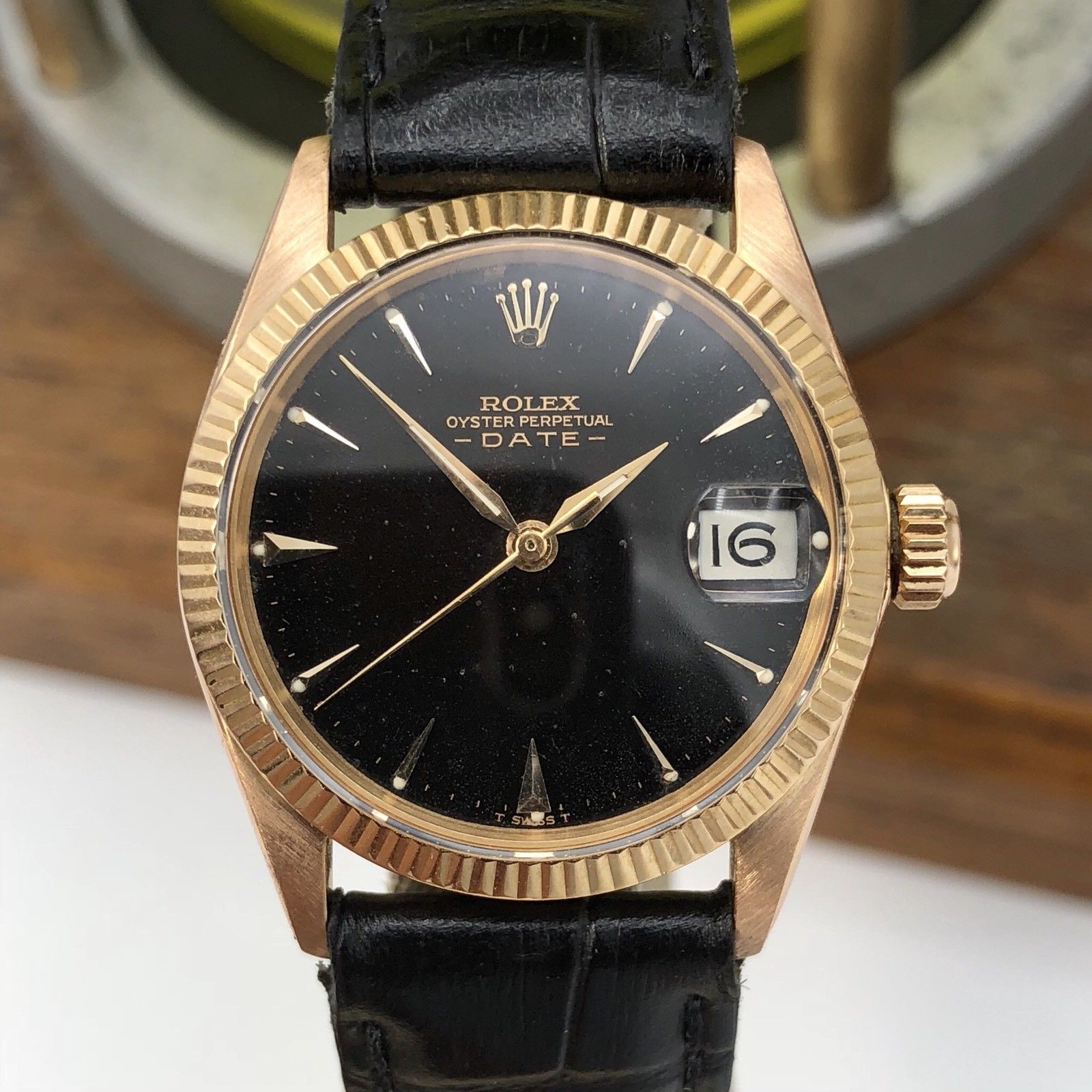 1968 Vintage Rolex Date 6627 Solid 18k Pink Rose Gold Gilt Black Dial 31mm