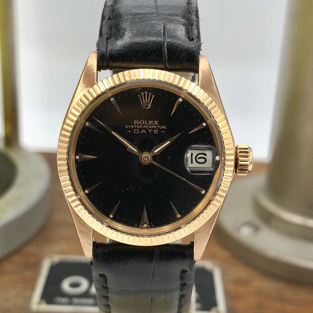 1968 Vintage Rolex Date 6627 Solid 18k Pink Rose Gold Gilt Black Dial 31mm