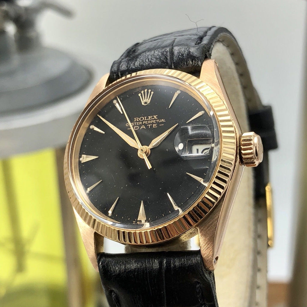 1968 Vintage Rolex Date 6627 Solid 18k Pink Rose Gold Gilt Black Dial 31mm