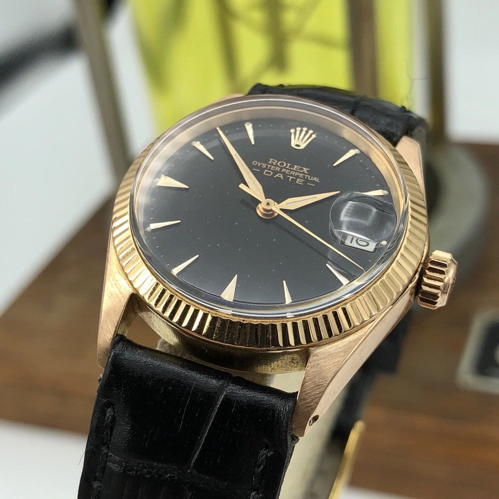 1968 Vintage Rolex Date 6627 Solid 18k Pink Rose Gold Gilt Black Dial 31mm