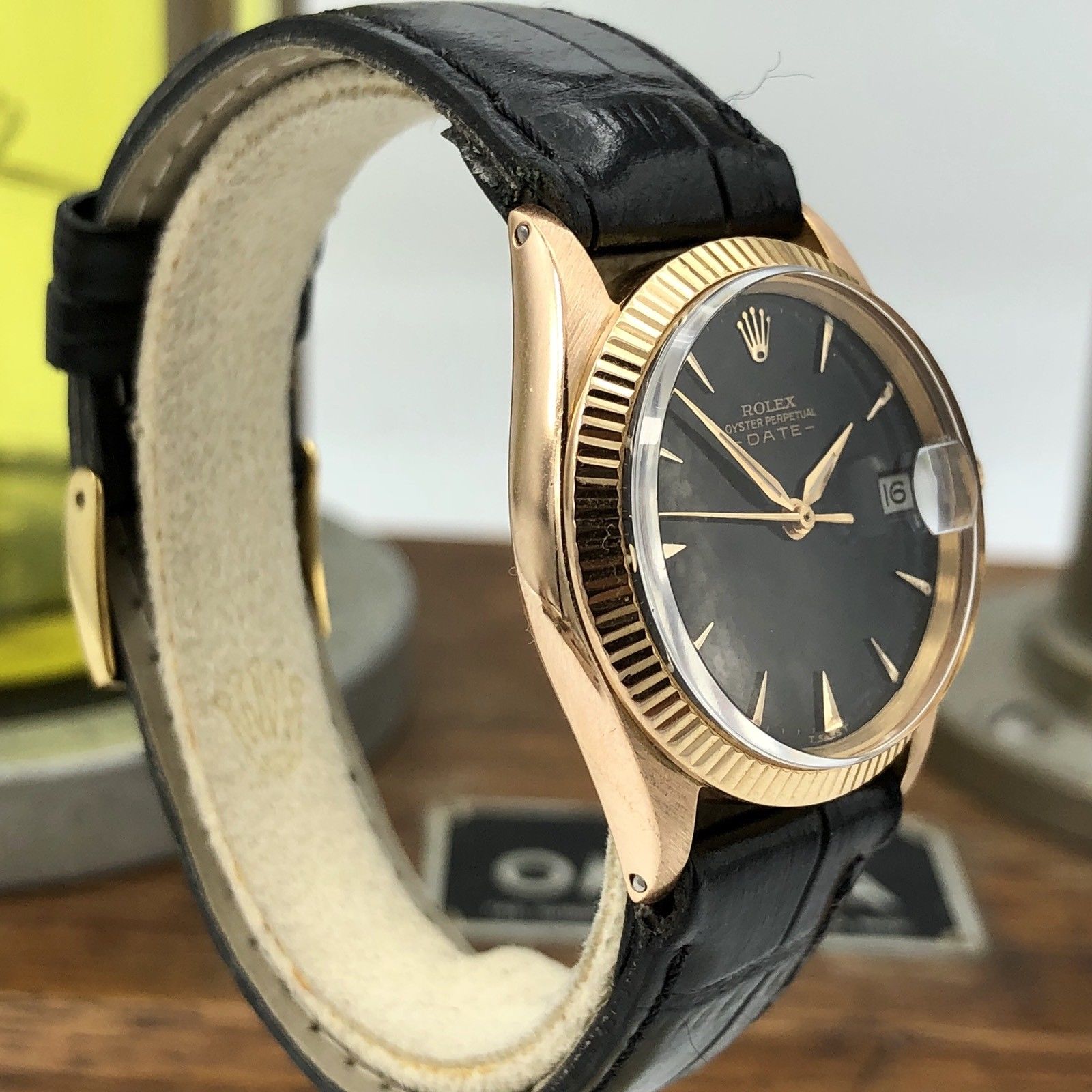1968 Vintage Rolex Date 6627 Solid 18k Pink Rose Gold Gilt Black Dial 31mm