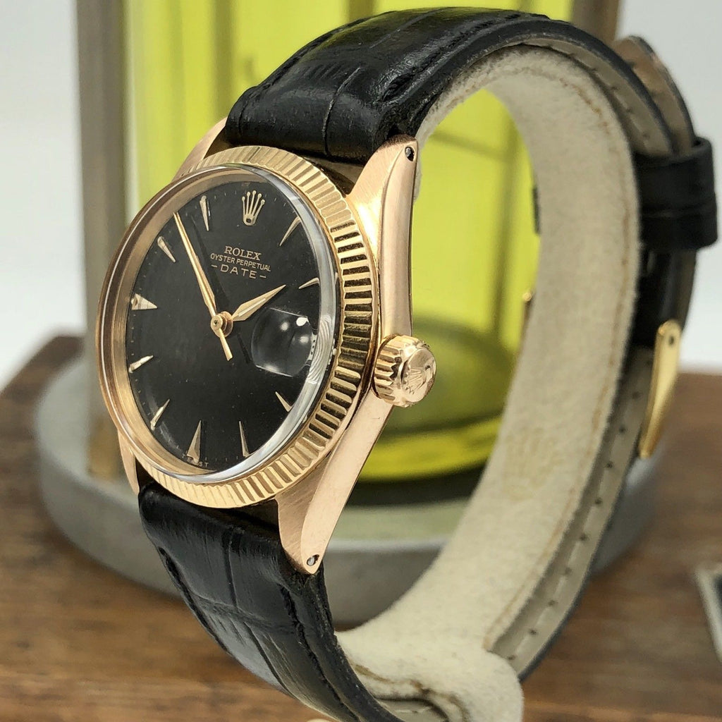 1968 Vintage Rolex Date 6627 Solid 18k Pink Rose Gold Gilt Black Dial 31mm