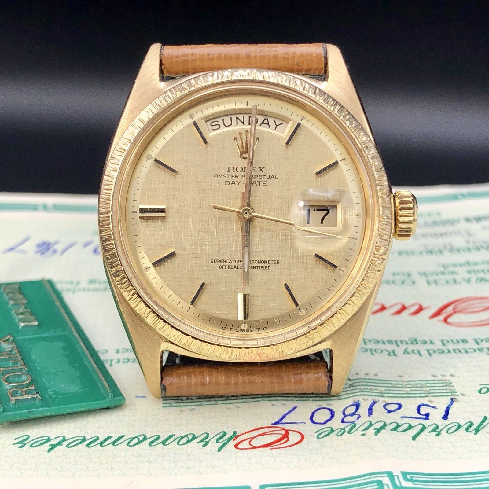 1967 Vintage Rolex Day Date 1807 Solid 18k Gold Linen Dial Papers Full Set