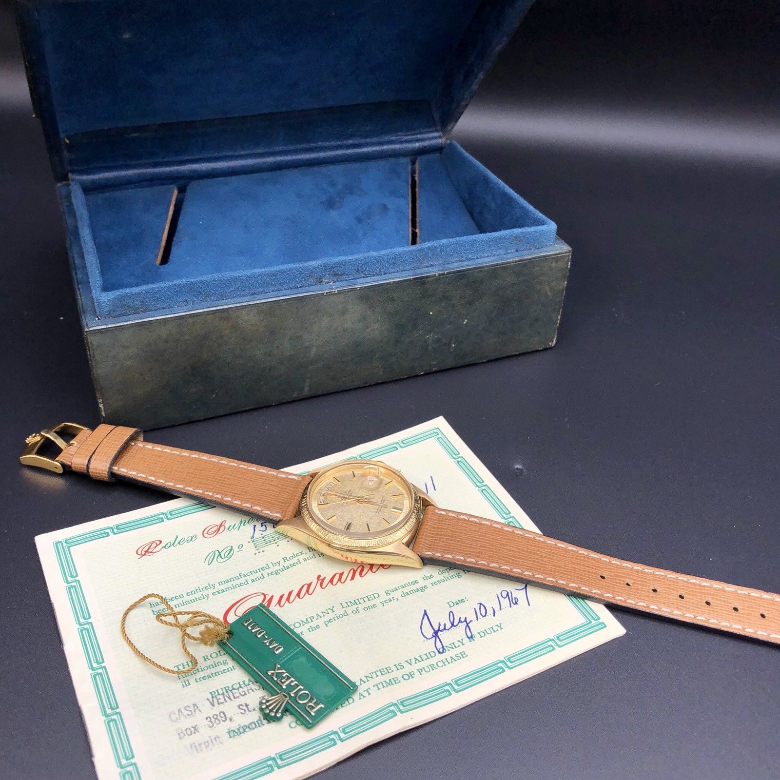 1967 Vintage Rolex Day Date 1807 Solid 18k Gold Linen Dial Papers Full Set