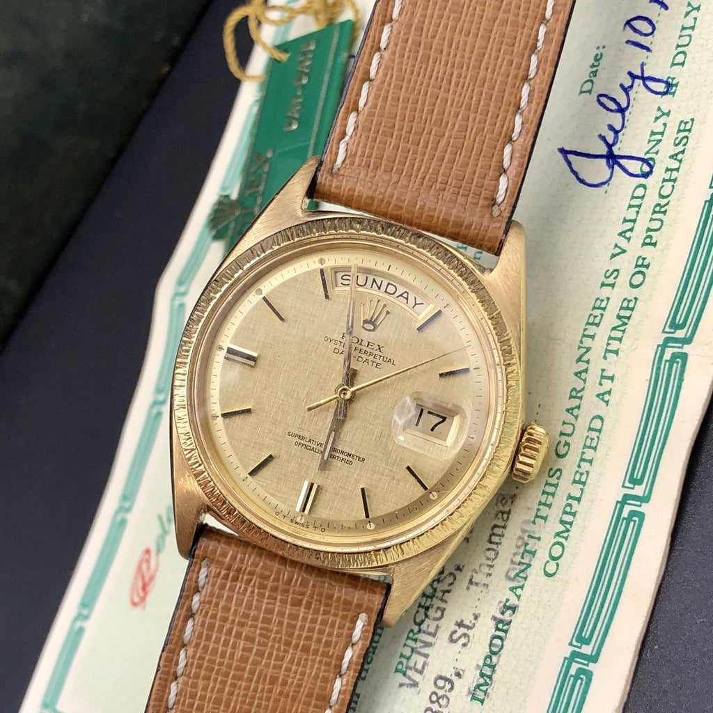 1967 Vintage Rolex Day Date 1807 Solid 18k Gold Linen Dial Papers Full Set