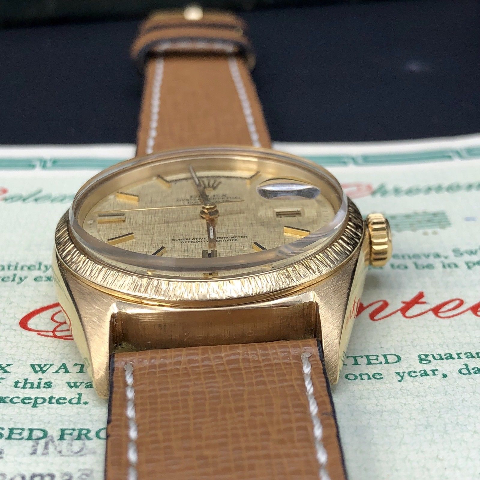 1967 Vintage Rolex Day Date 1807 Solid 18k Gold Linen Dial Papers Full Set