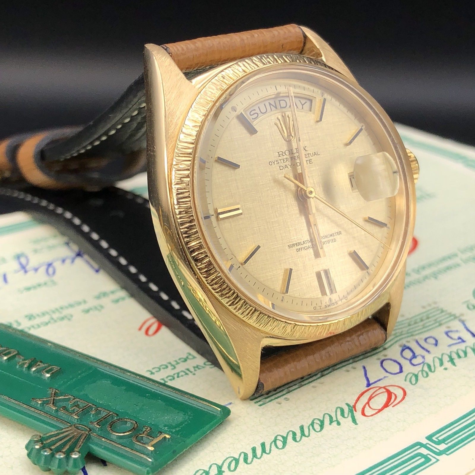 1967 Vintage Rolex Day Date 1807 Solid 18k Gold Linen Dial Papers Full Set