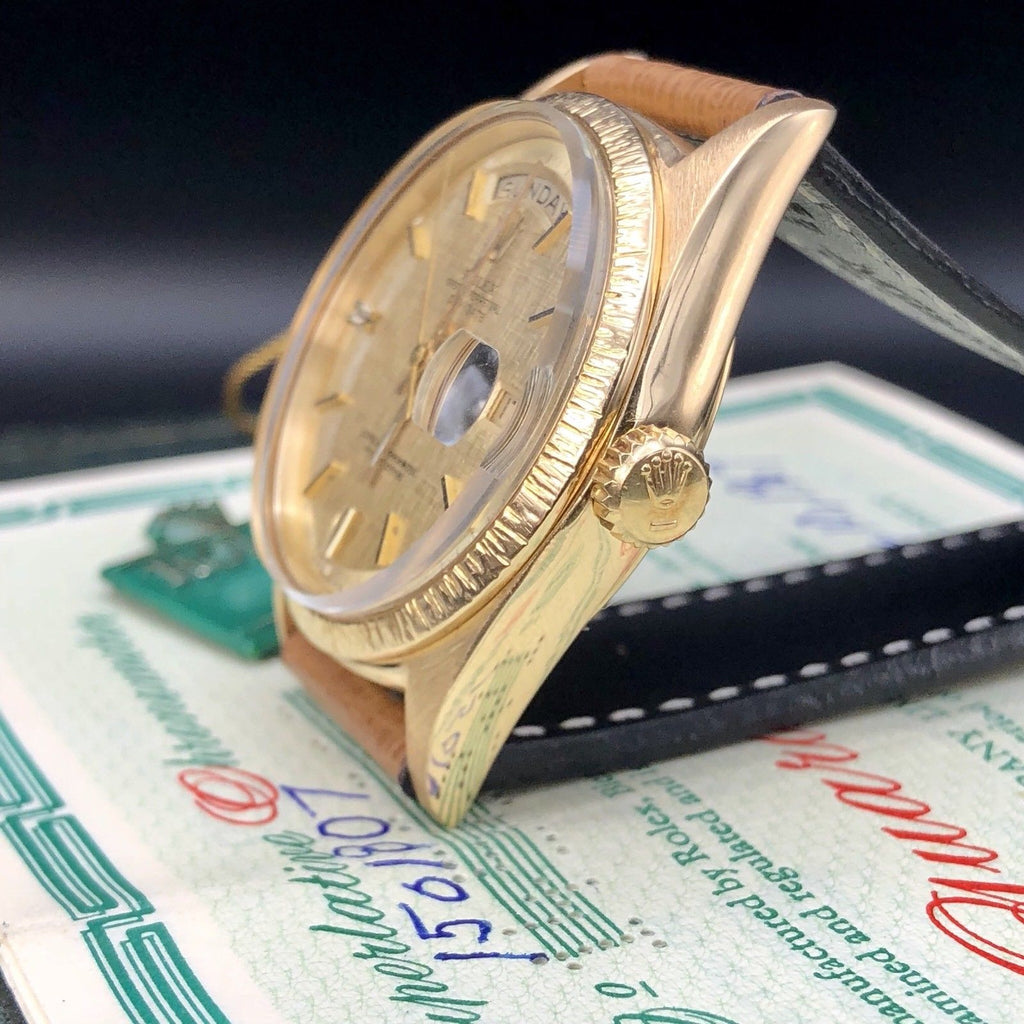 1967 Vintage Rolex Day Date 1807 Solid 18k Gold Linen Dial Papers Full Set