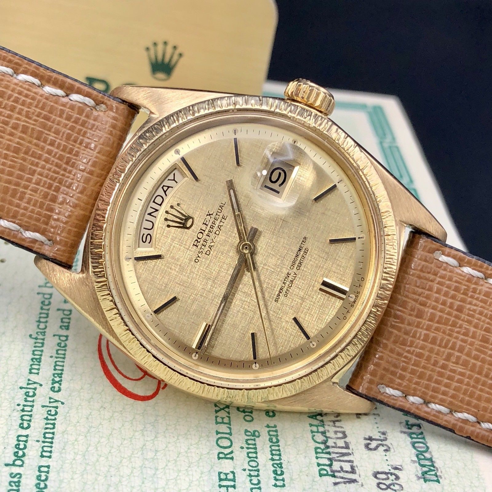 1967 Vintage Rolex Day Date 1807 Solid 18k Gold Linen Dial Papers Full Set