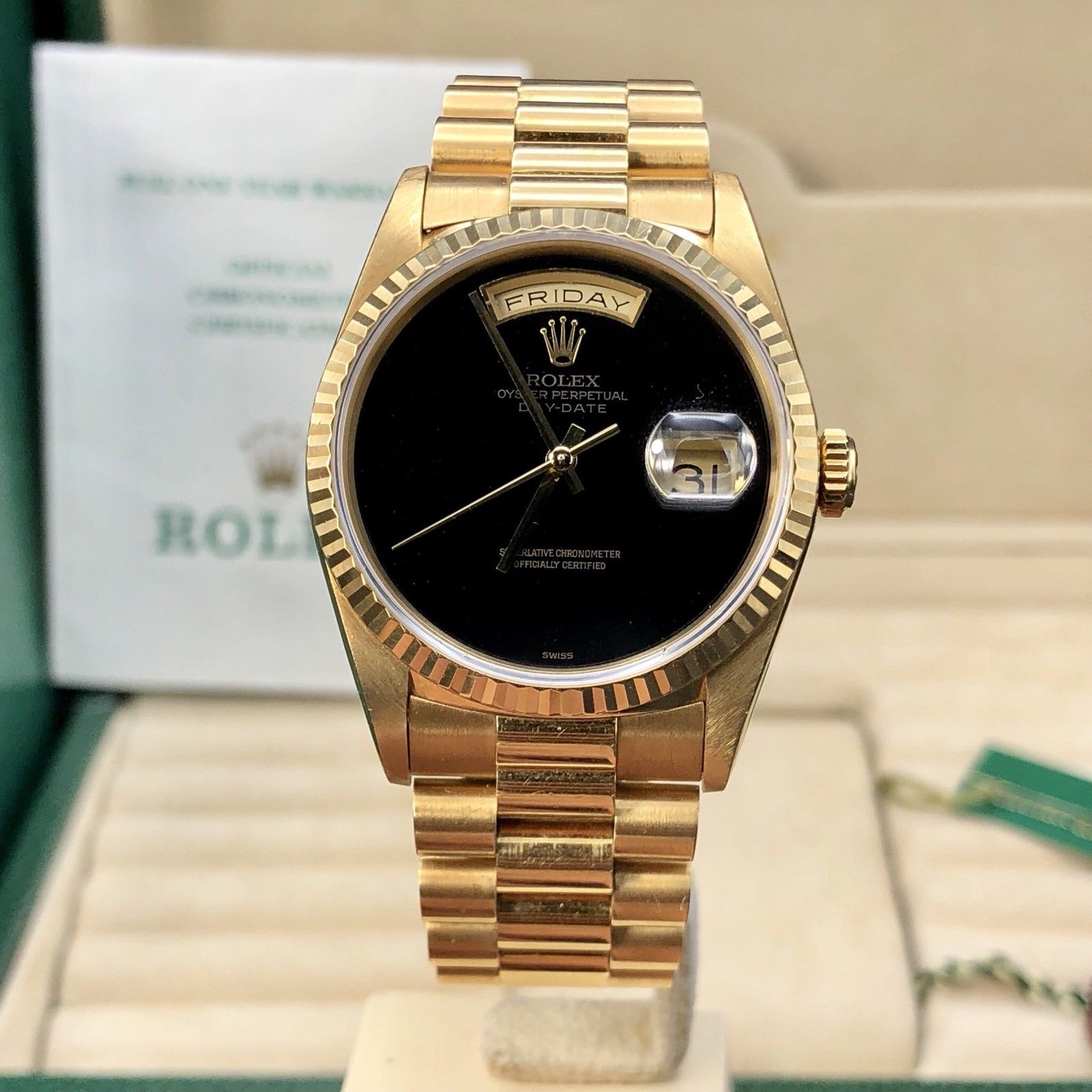 Vintage Rolex Day Date 18238 Solid 18k Gold Onyx Dial Unpolished Papers Full Set