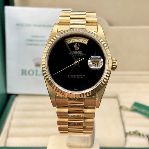 Vintage Rolex Day Date 18238 Solid 18k Gold Onyx Dial Unpolished Papers Full Set