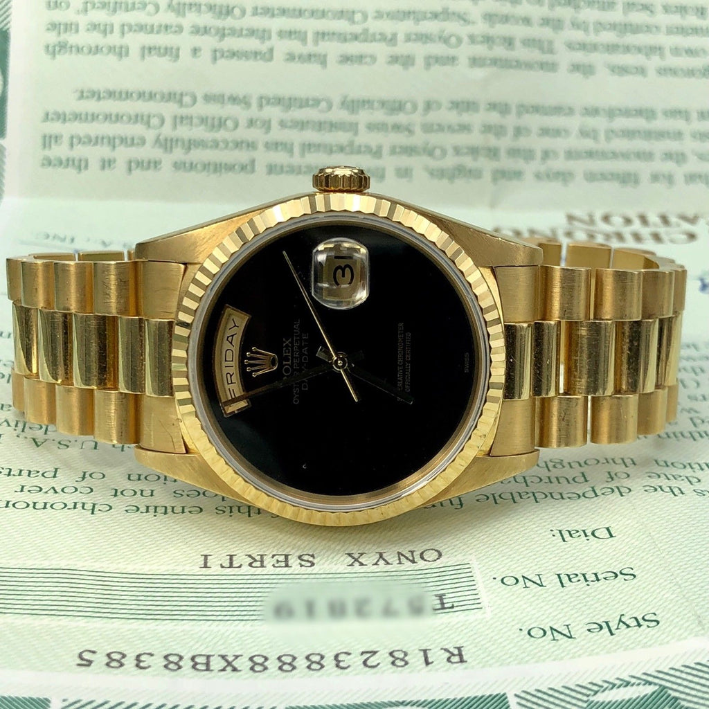 Vintage Rolex Day Date 18238 Solid 18k Gold Onyx Dial Unpolished Papers Full Set