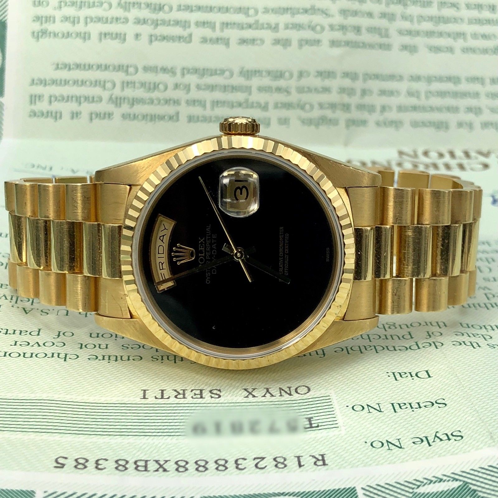 Vintage Rolex Day Date 18238 Solid 18k Gold Onyx Dial Unpolished Papers Full Set