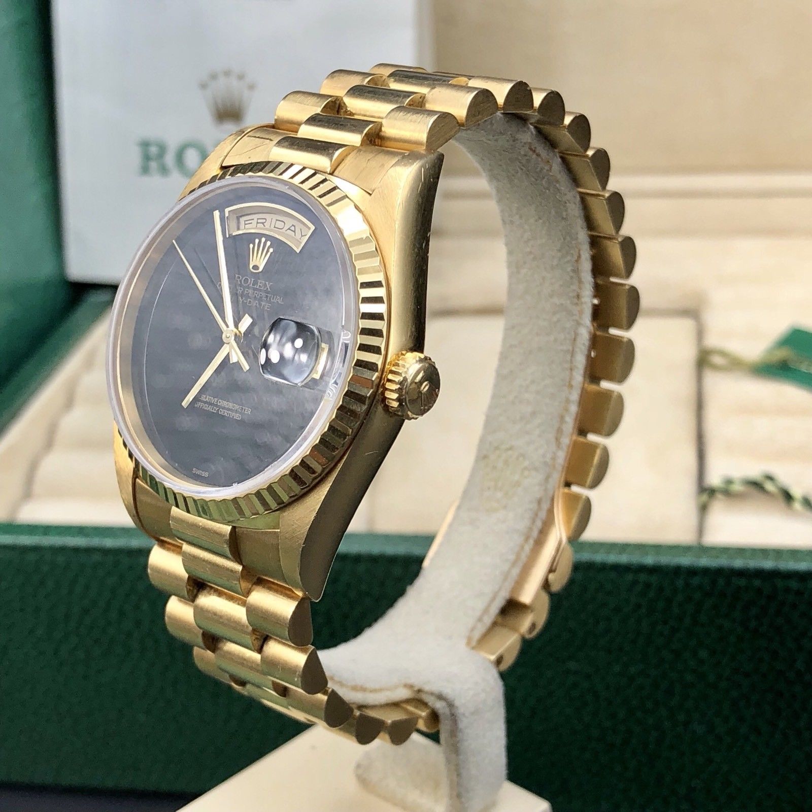 Vintage Rolex Day Date 18238 Solid 18k Gold Onyx Dial Unpolished Papers Full Set