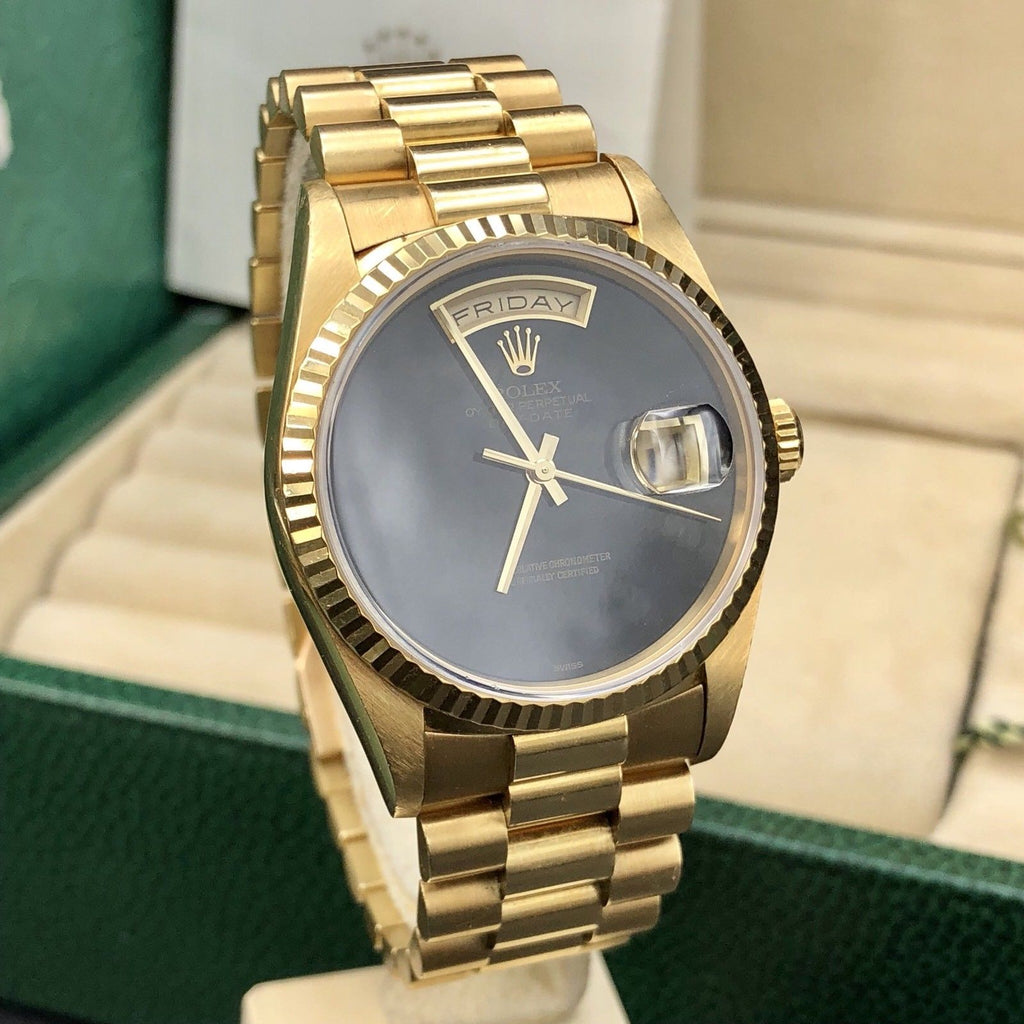 Vintage Rolex Day Date 18238 Solid 18k Gold Onyx Dial Unpolished Papers Full Set