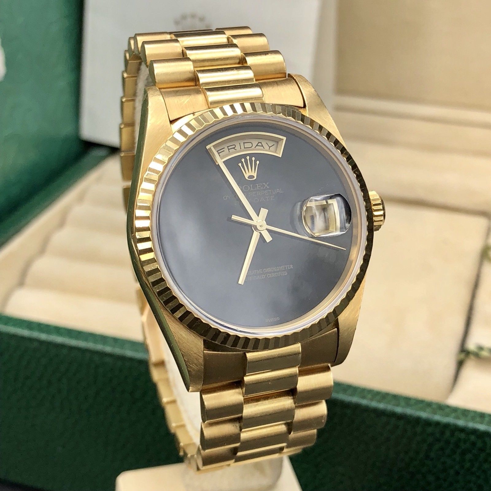 Vintage Rolex Day Date 18238 Solid 18k Gold Onyx Dial Unpolished Papers Full Set