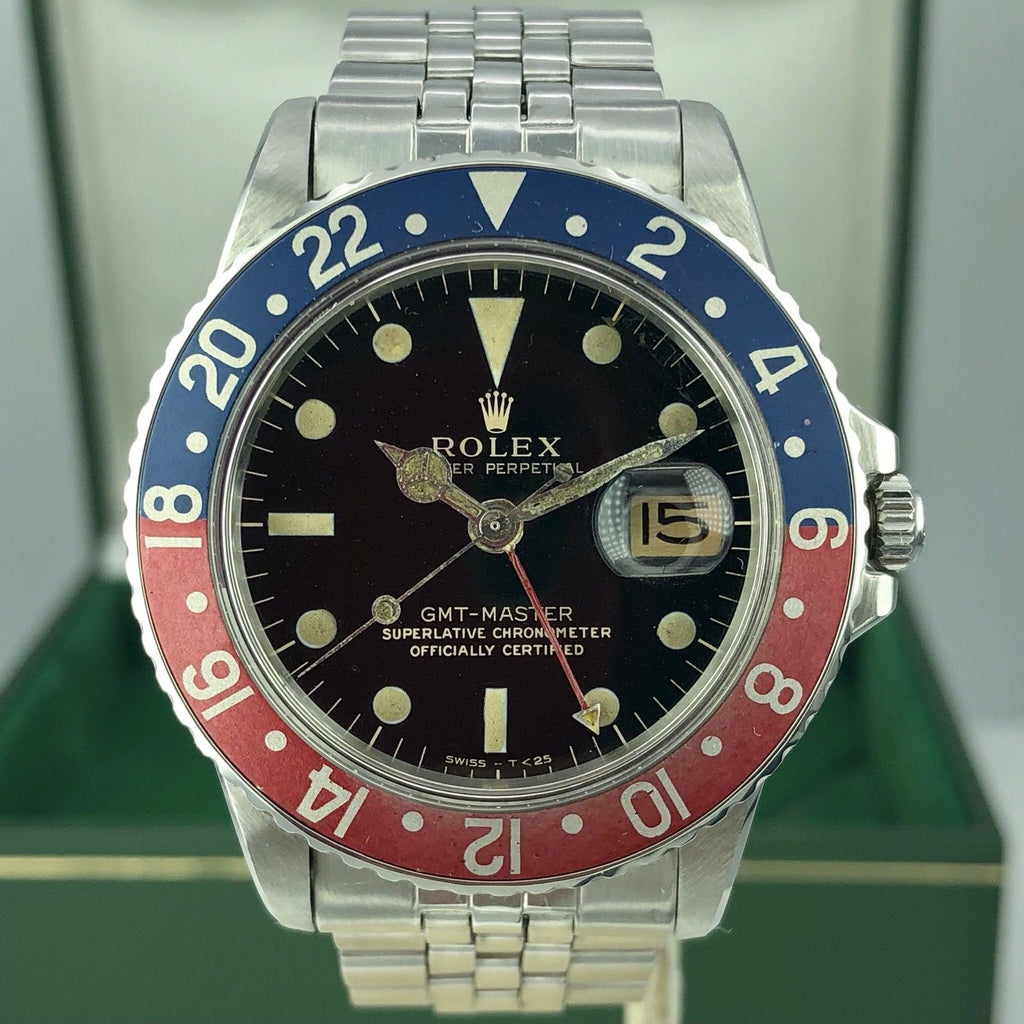 Vintage Rolex GMT Master 1675 Gilt Glossy Dial Fat Pepsi Font With Box 1965