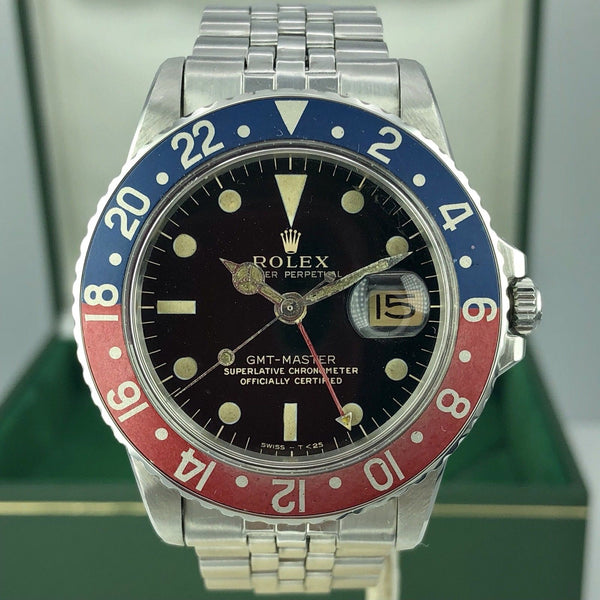 Vintage Rolex GMT Master 1675 Gilt Glossy Dial Fat Pepsi Font With Box 1965