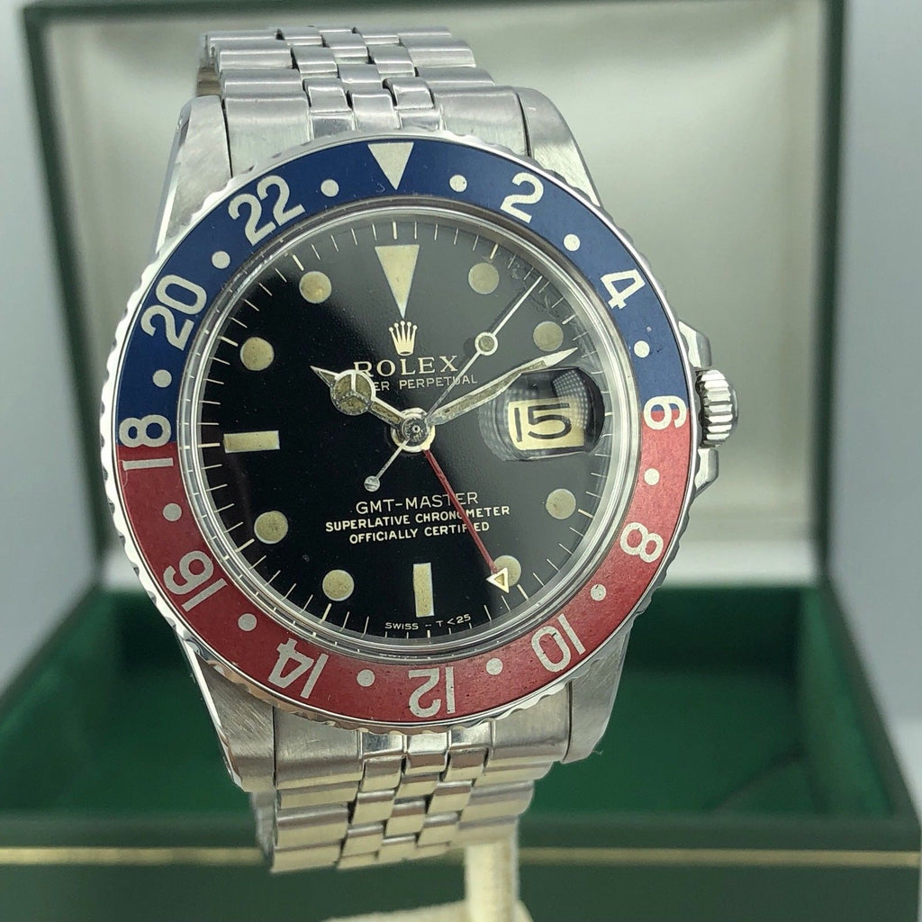 Vintage Rolex GMT Master 1675 Gilt Glossy Dial Fat Pepsi Font With Box 1965