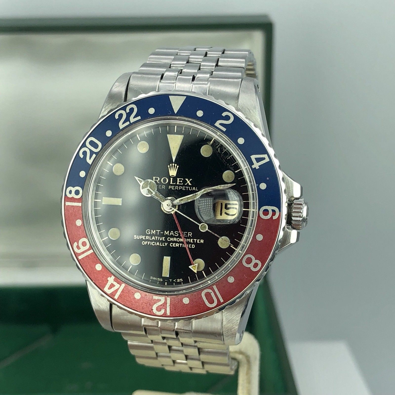 Vintage Rolex GMT Master 1675 Gilt Glossy Dial Fat Pepsi Font With Box 1965