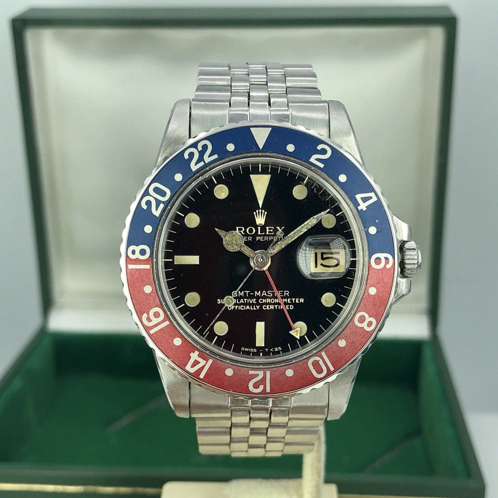 Vintage Rolex GMT Master 1675 Gilt Glossy Dial Fat Pepsi Font With Box 1965