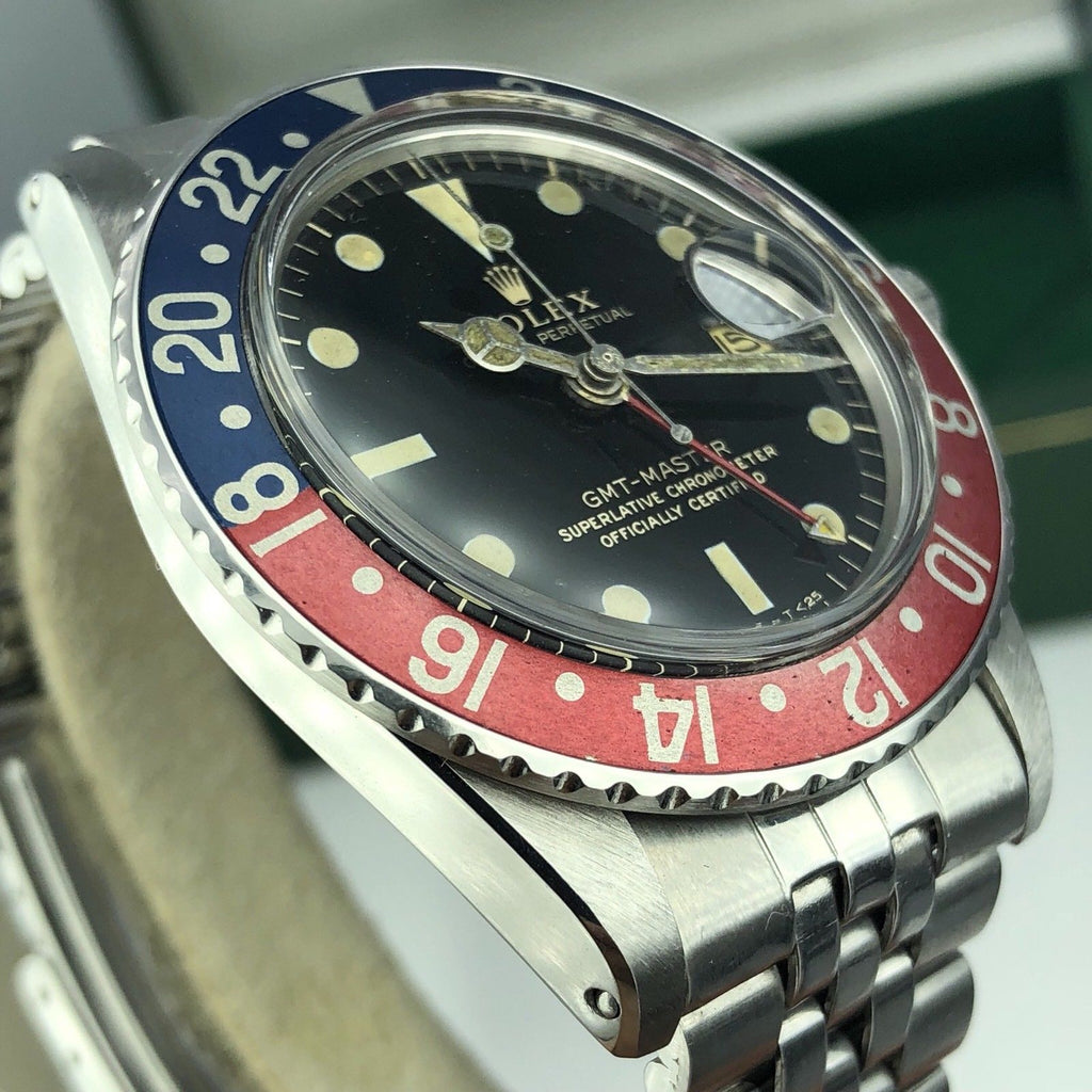 Vintage Rolex GMT Master 1675 Gilt Glossy Dial Fat Pepsi Font With Box 1965