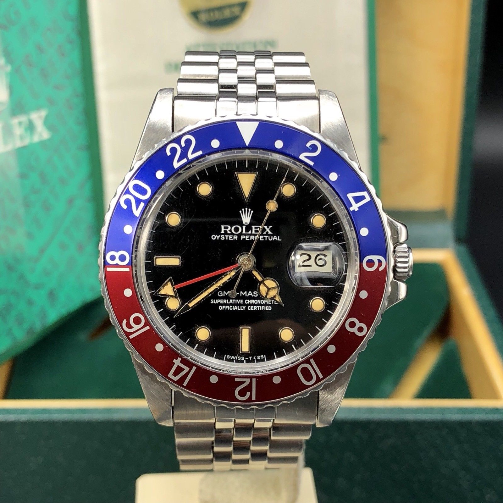 Vintage Rolex GMT Master 16750 Glossy Patina Dial Full Set Punch Papers Box 1984