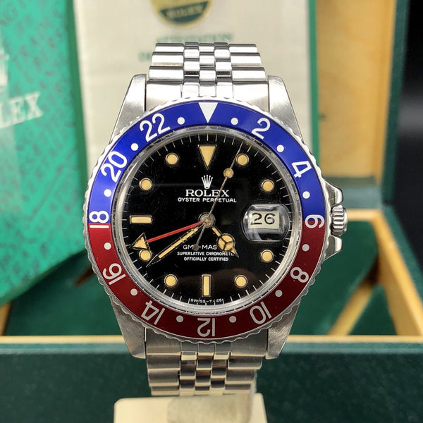 Vintage Rolex GMT Master 16750 Glossy Patina Dial Full Set Punch Papers Box 1984