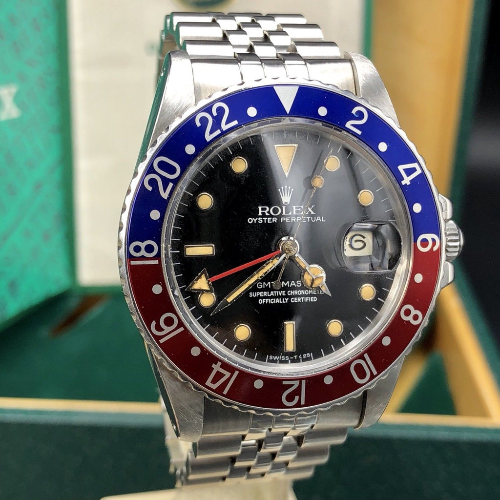 Vintage Rolex GMT Master 16750 Glossy Patina Dial Full Set Punch Papers Box 1984
