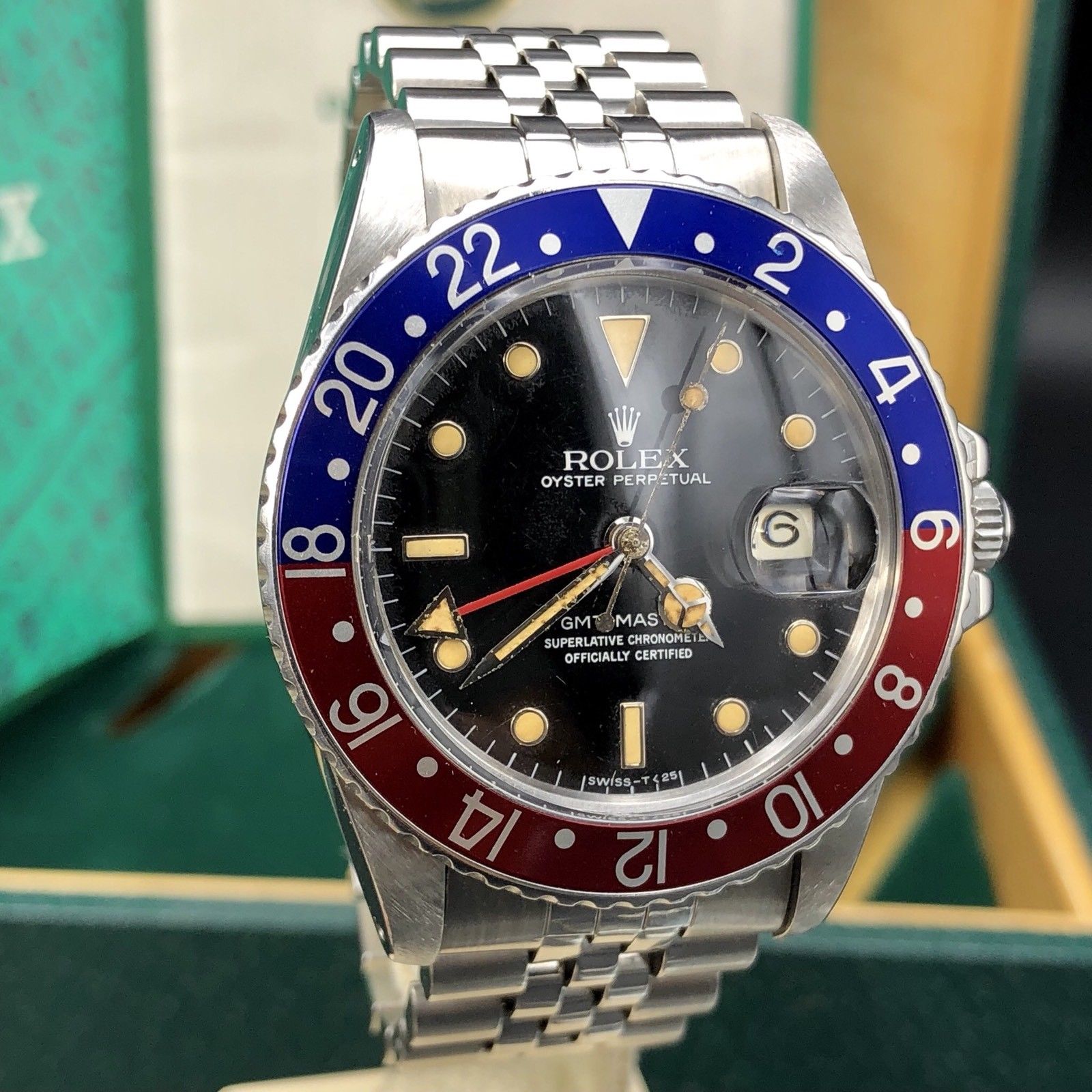 Vintage Rolex GMT Master 16750 Glossy Patina Dial Full Set Punch Papers Box 1984