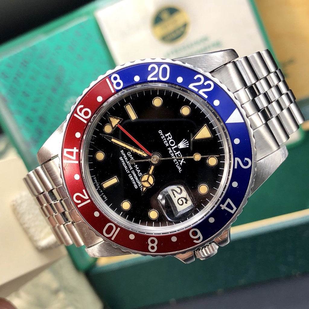 Vintage Rolex GMT Master 16750 Glossy Patina Dial Full Set Punch Papers Box 1984