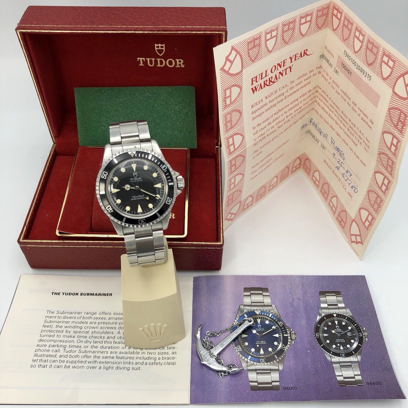 Vintage Rolex Tudor 94010 Submariner Matte dial Unpolished 1988 box & Papers