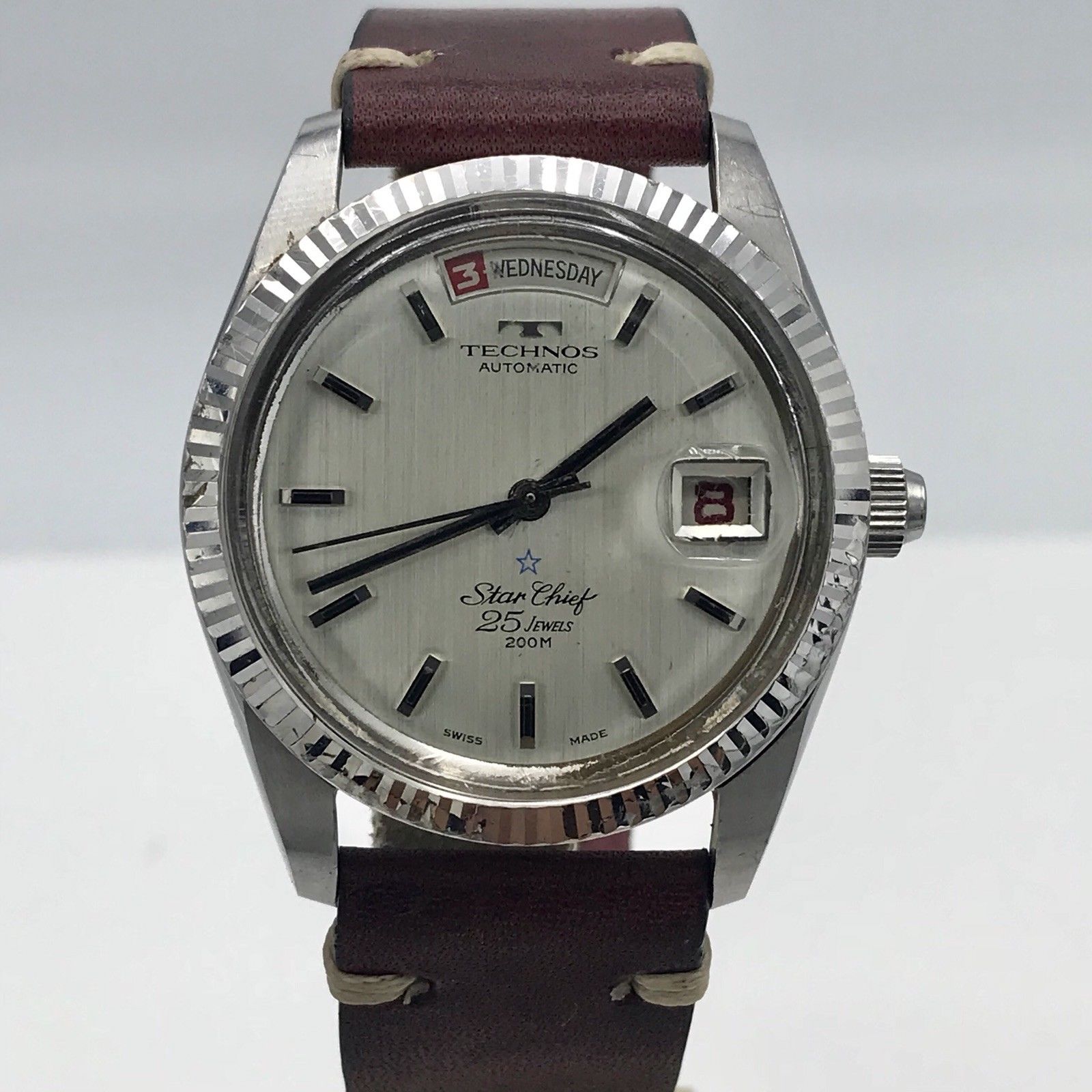 Vintage Technos Star Chief Day Date Diver Automatic unique watch red date