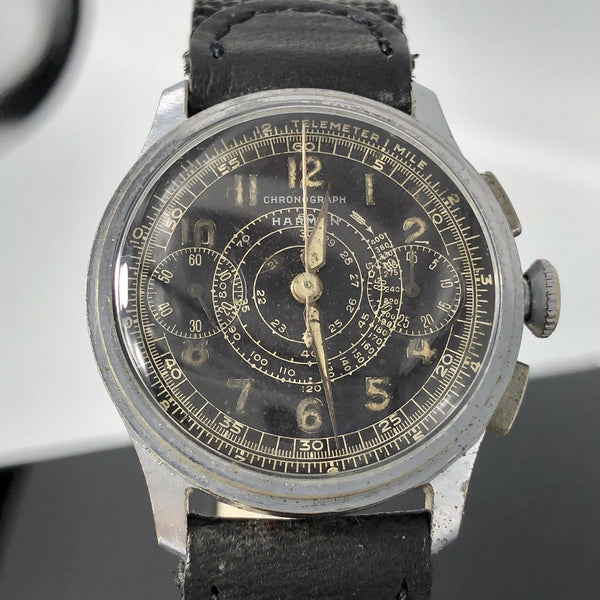 Vintage rare Harman Watch Company Chronograph military watch 1940 Valjoux cal 77