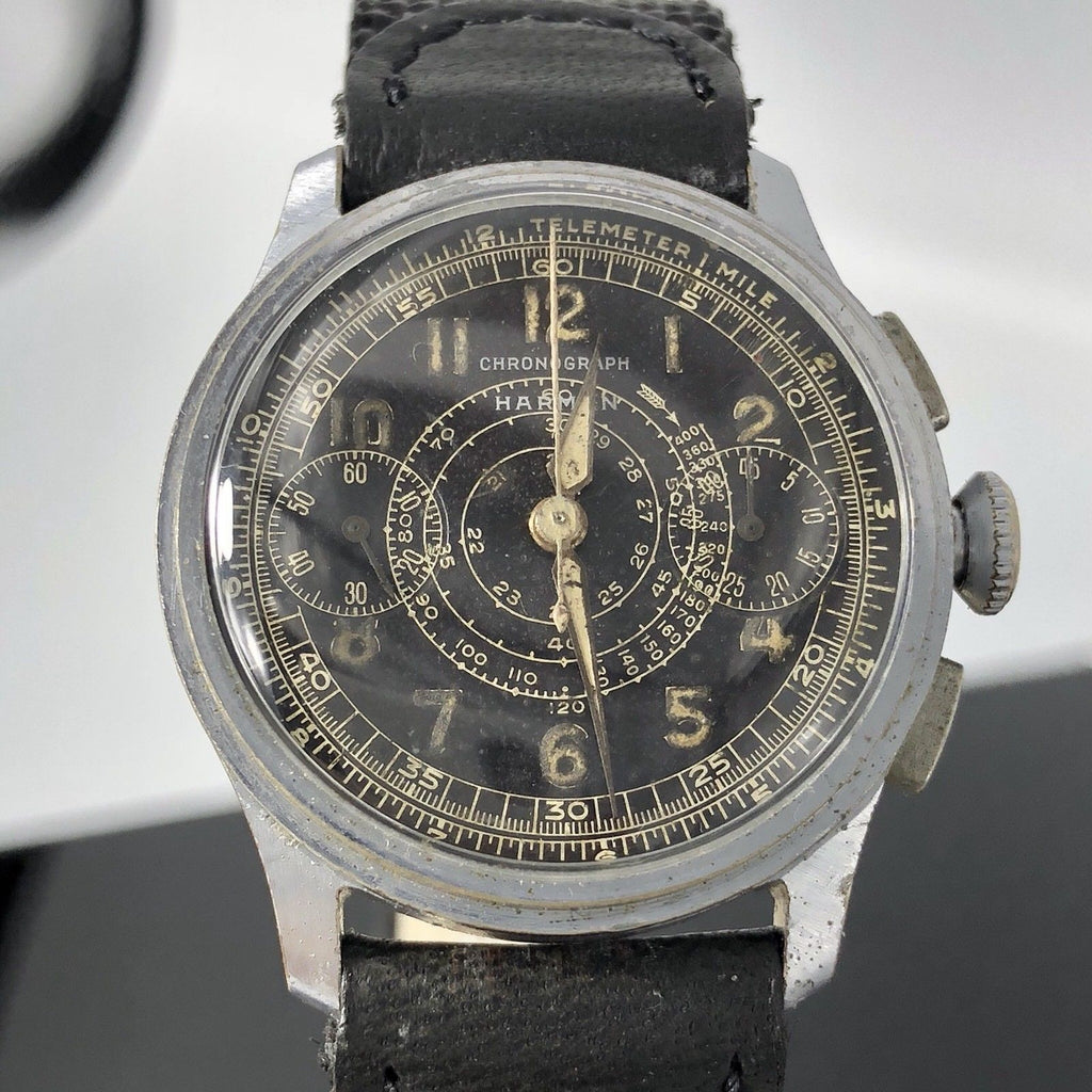 Vintage rare Harman Watch Company Chronograph military watch 1940 Valjoux cal 77