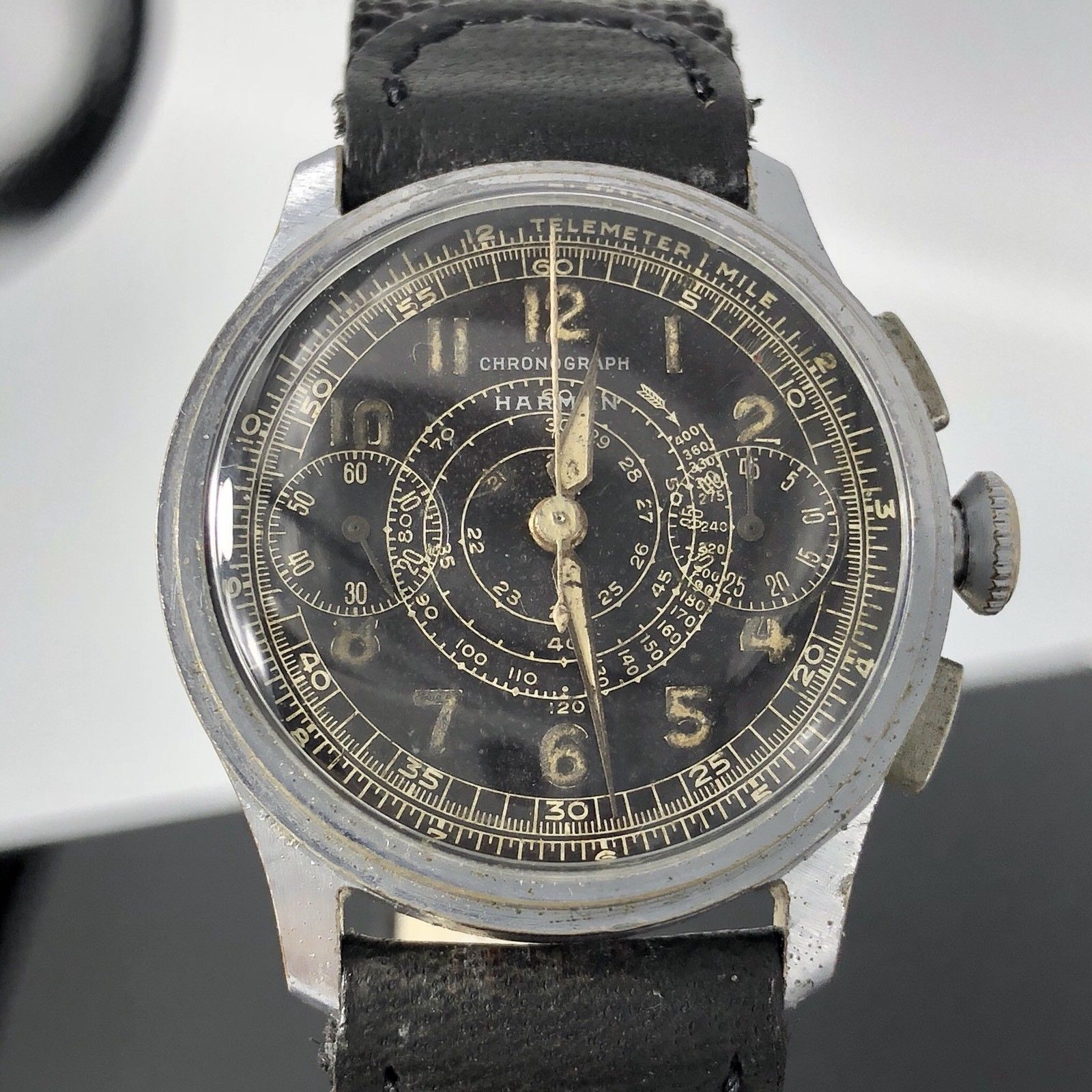 Vintage rare Harman Watch Company Chronograph military watch 1940 Valjoux cal 77