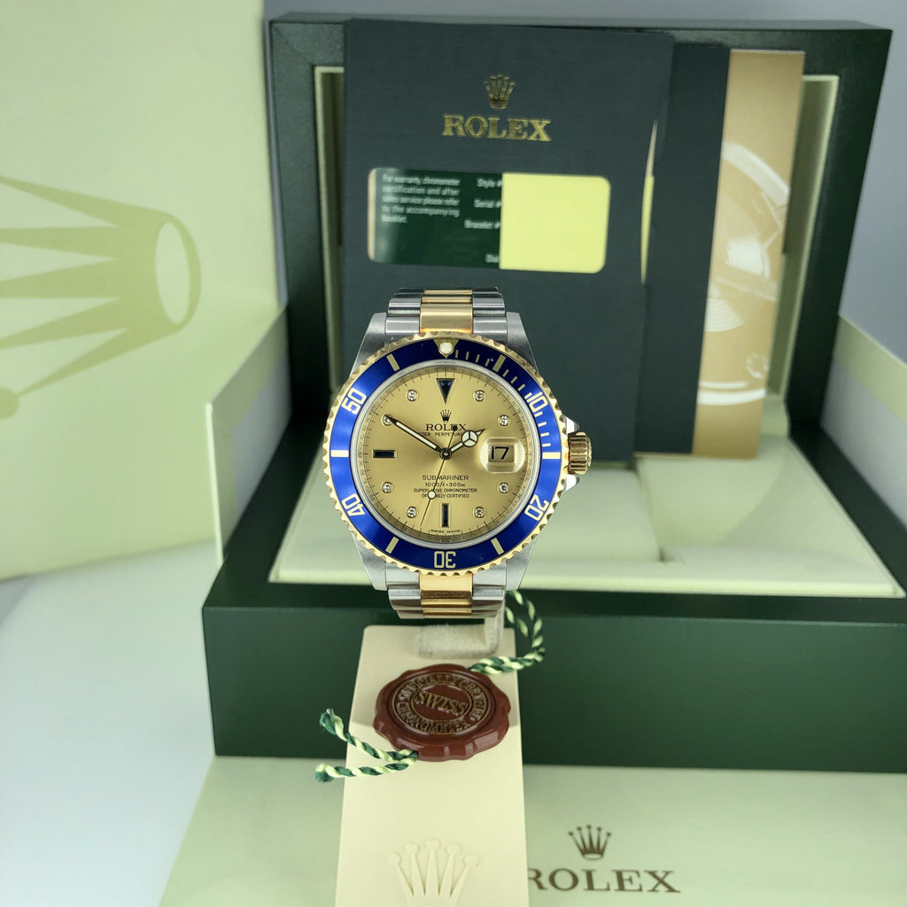 2008 Rolex Submariner 16613 M Serial Serti Diamond Dial W Box & Card Unpolished