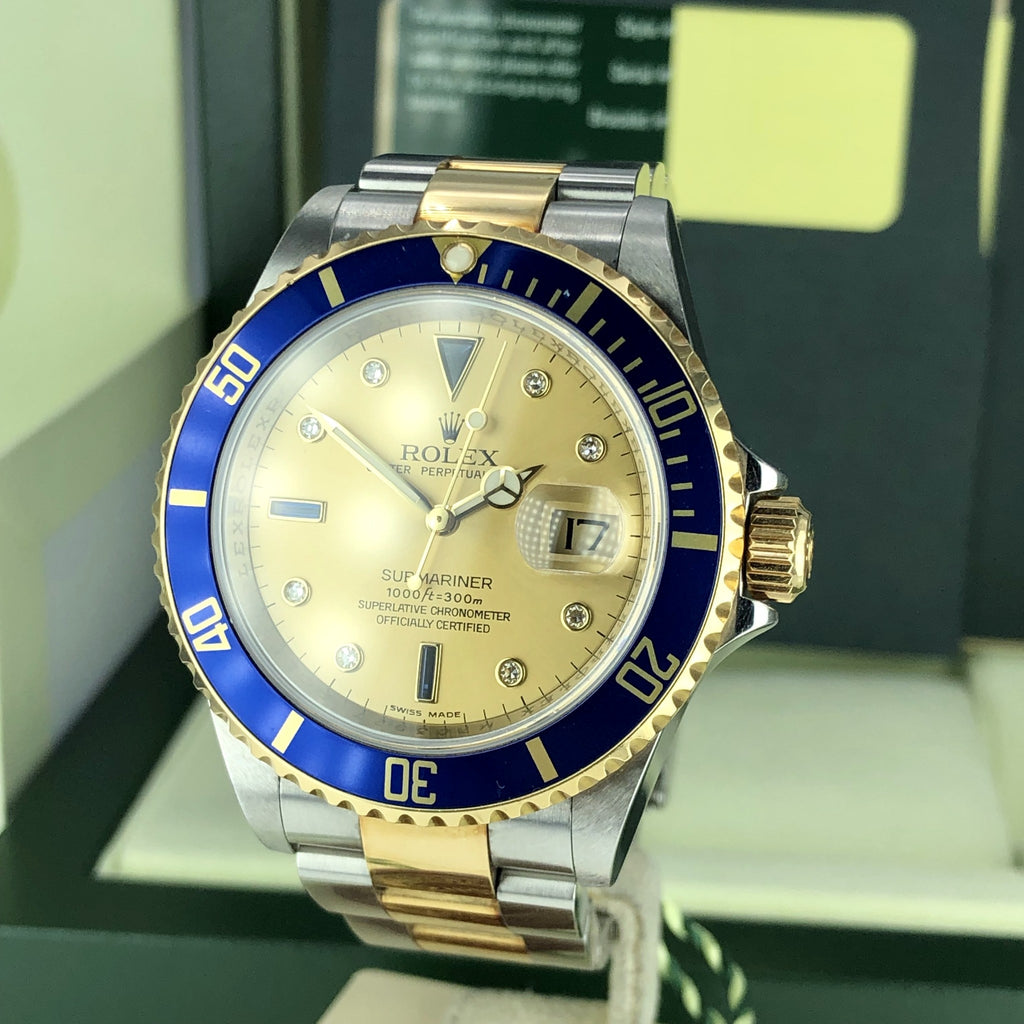 2008 Rolex Submariner 16613 M Serial Serti Diamond Dial W Box & Card Unpolished