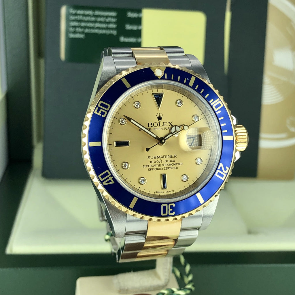 2008 Rolex Submariner 16613 M Serial Serti Diamond Dial W Box & Card Unpolished