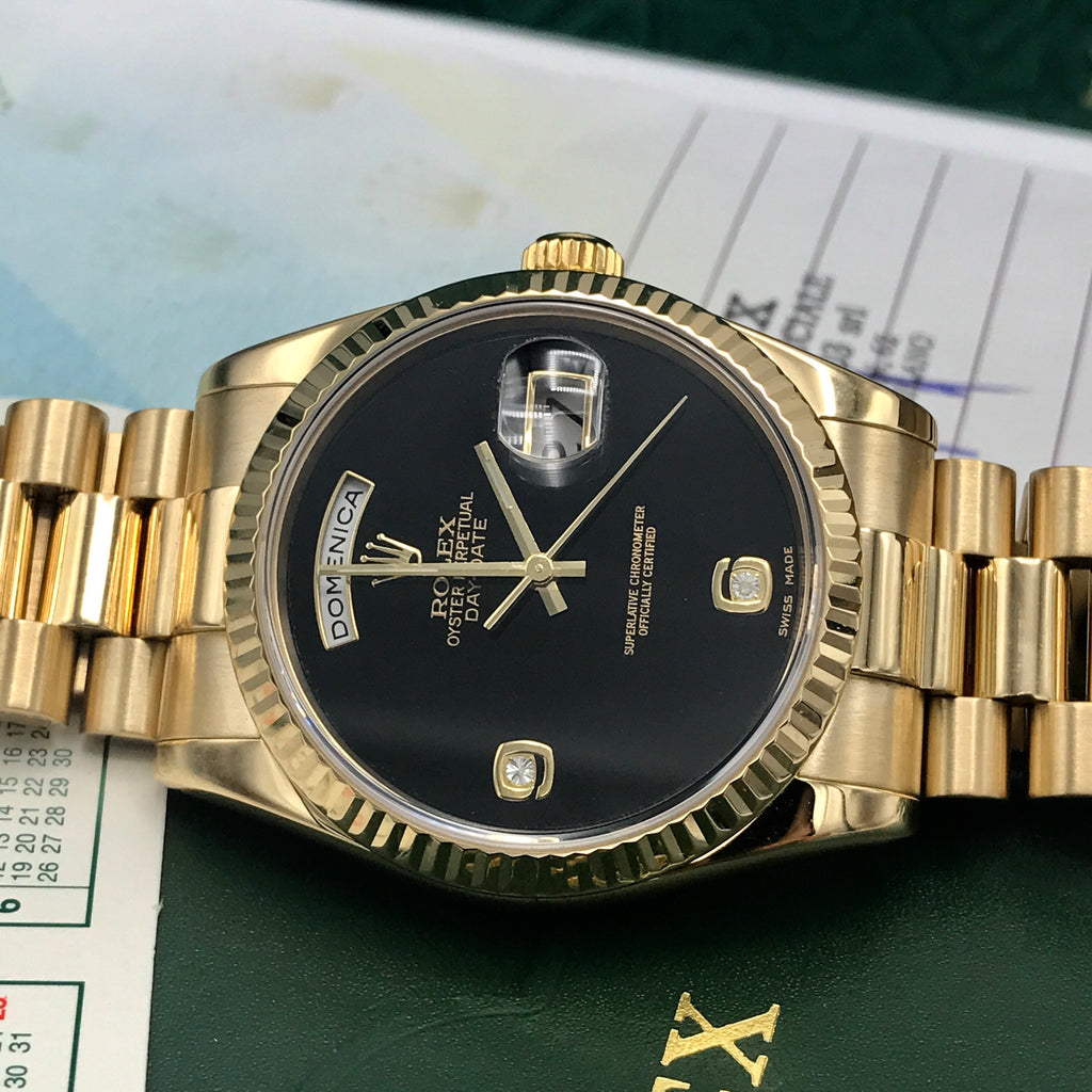Rolex Day Date 118238 soild 18k gold Onyx Diamond dial Full set box and papers