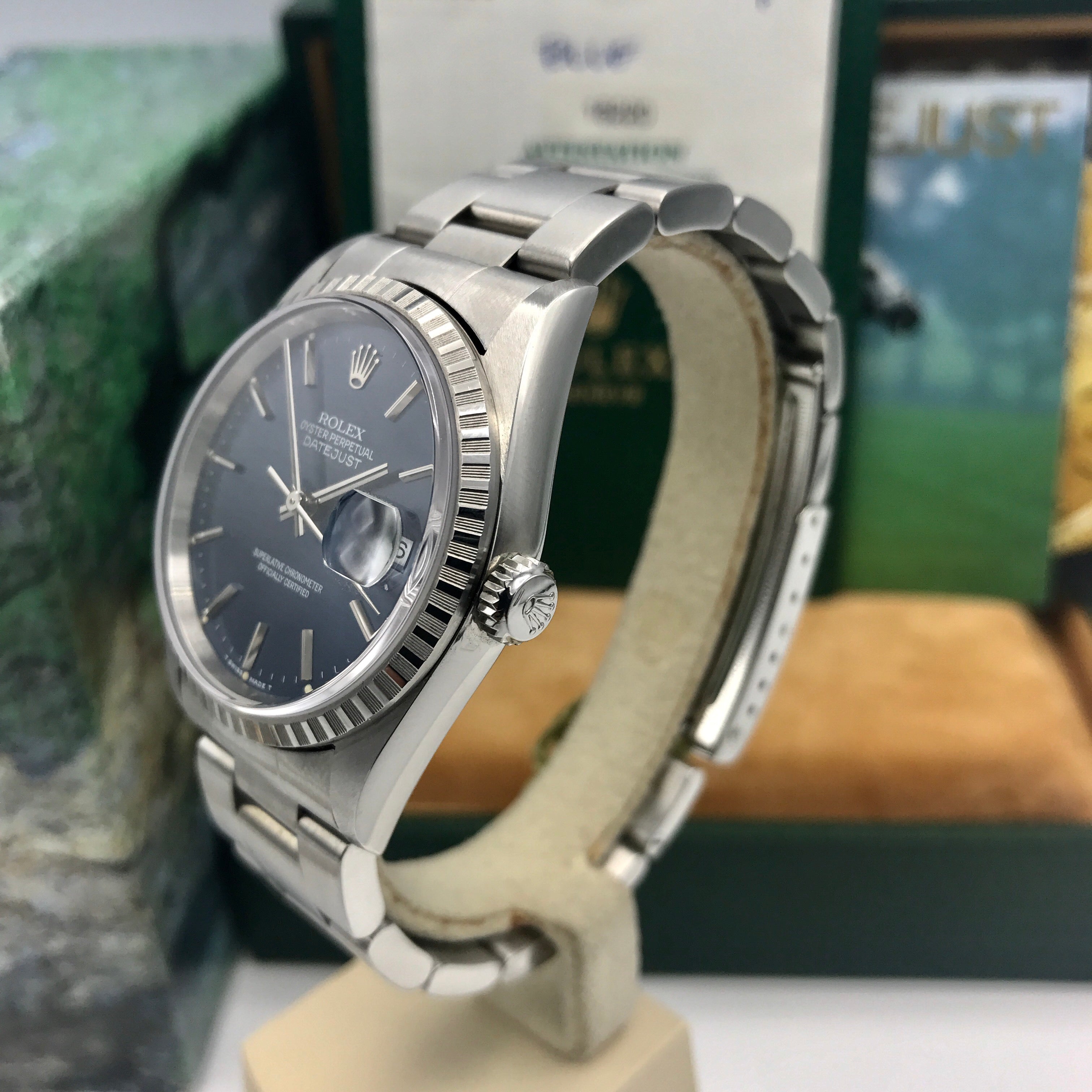 NOS Rolex Date Just 16220 blue dial with box and papers