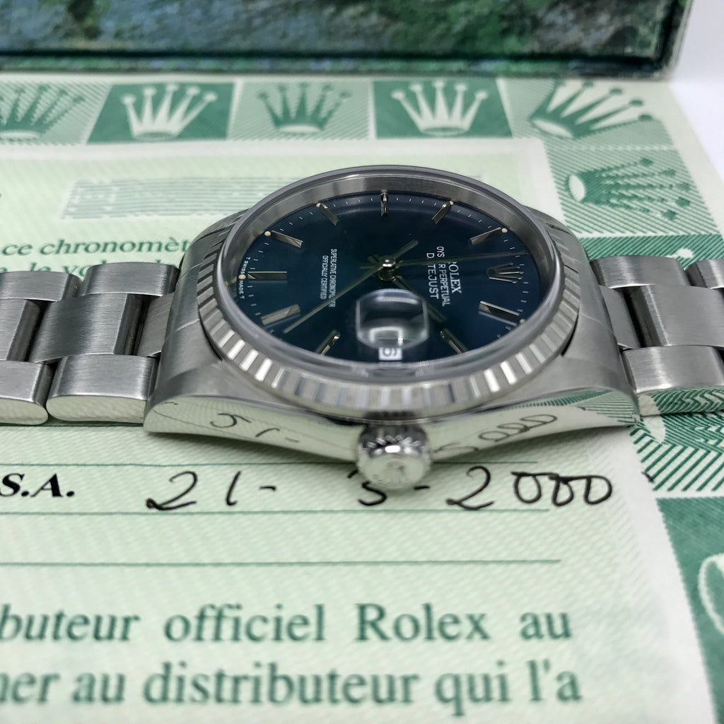 NOS Rolex Date Just 16220 blue dial with box and papers