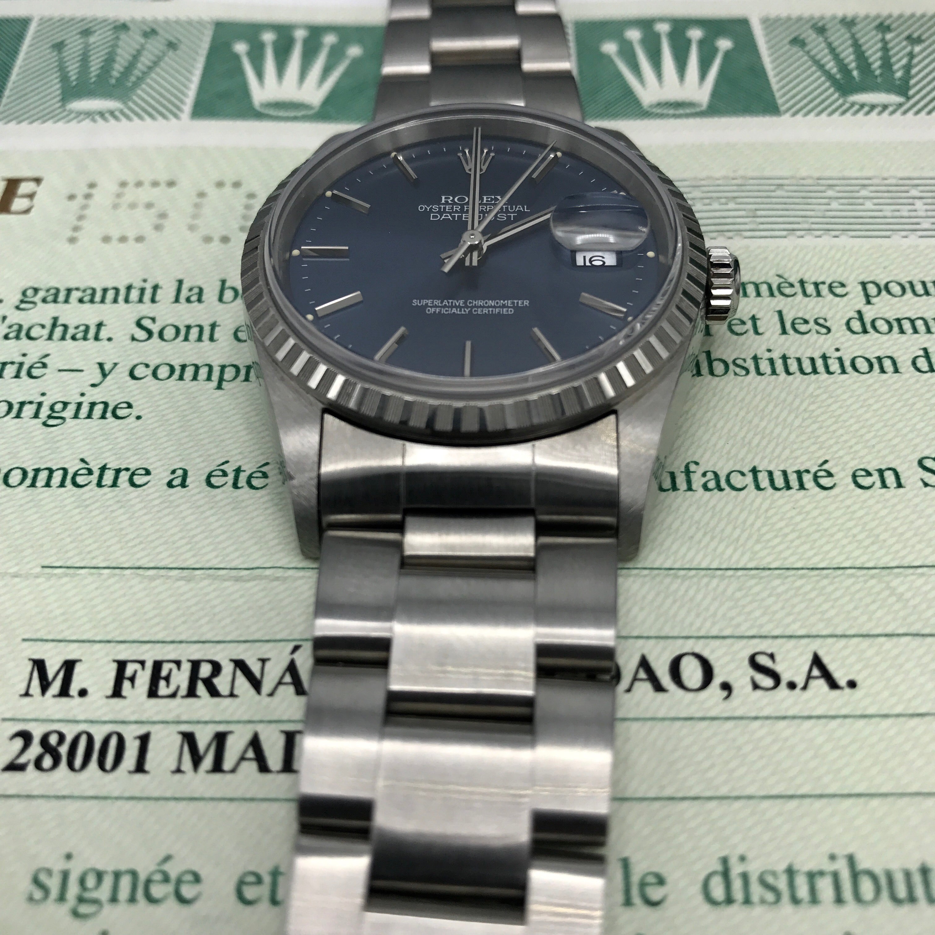 NOS Rolex Date Just 16220 blue dial with box and papers