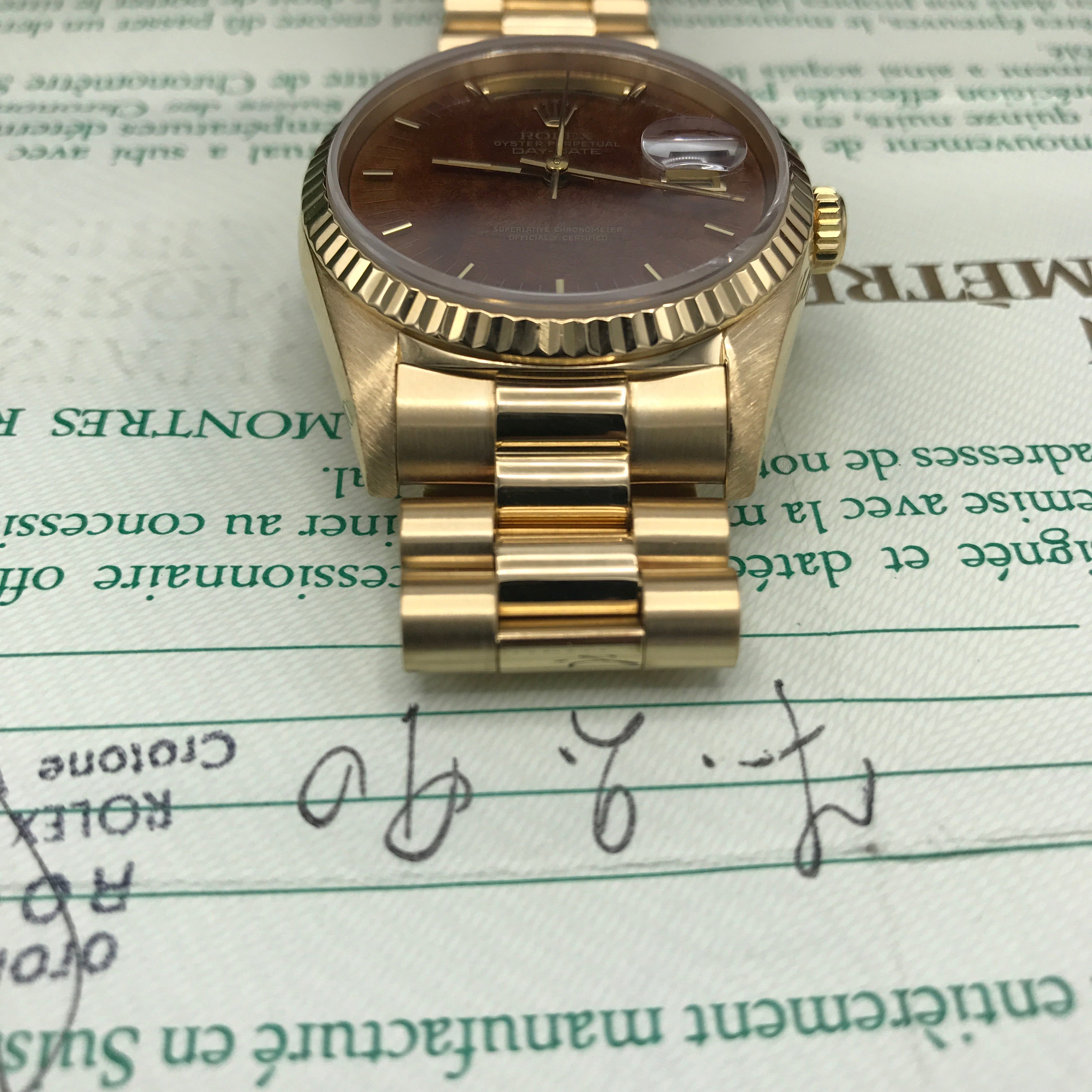 Vintage Rolex Day Date 18238 Solid 18k Gold Wood Factory Dial Full Set