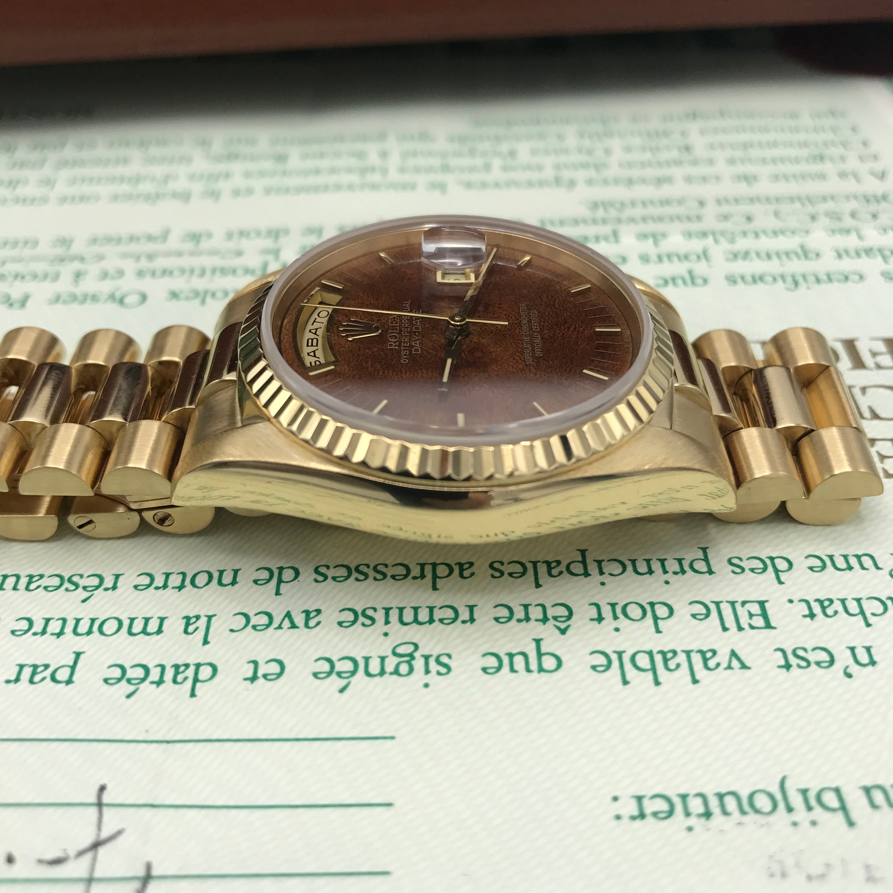 Vintage Rolex Day Date 18238 Solid 18k Gold Wood Factory Dial Full Set