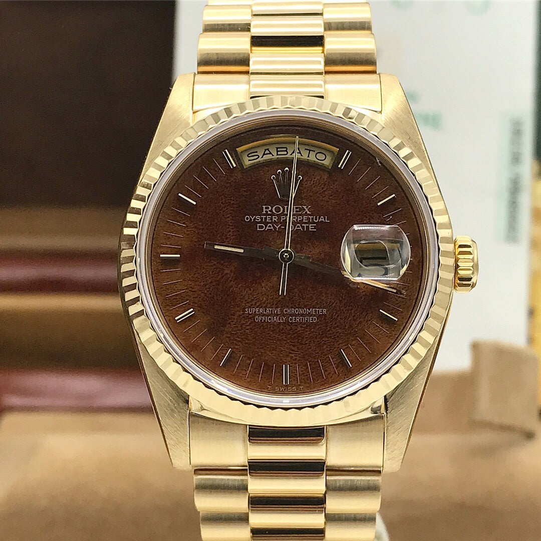 Vintage Rolex Day Date 18238 Solid 18k Gold Wood Factory Dial Full Set