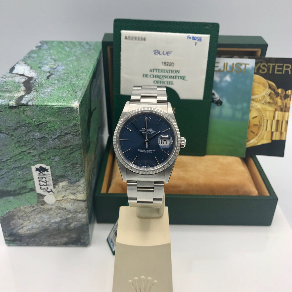 NOS Rolex Date Just 16220 blue dial with box and papers